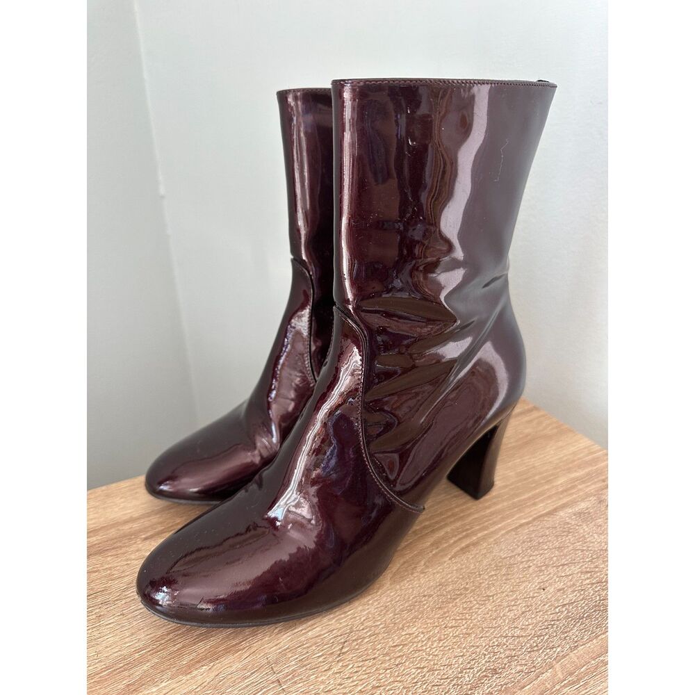 Aquatalia Burgundy Patent Leather Ankle Boots Chunky Block Heel Booties Sz 7.5